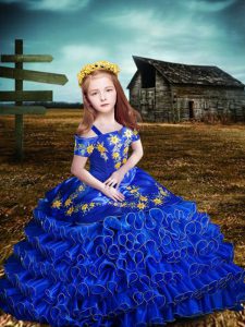 Off The Shoulder Short Sleeves Little Girls Pageant Dress Floor Length Embroidery and Ruffled Layers Royal Blue Organza