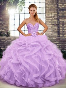 New Style Sleeveless Floor Length Beading and Ruffles Lace Up Quinceanera Gown with Lavender