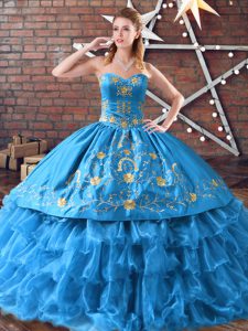 Elegant Sleeveless Satin and Organza Floor Length Lace Up Quince Ball Gowns in Blue with Embroidery and Ruffled Layers