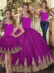 Vintage Fuchsia Tulle Lace Up Halter Top Sleeveless Floor Length Sweet 16 Quinceanera Dress Embroidery