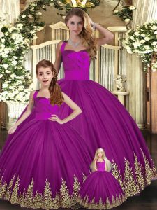 High Class Sleeveless Floor Length Embroidery Lace Up Sweet 16 Quinceanera Dress with Fuchsia