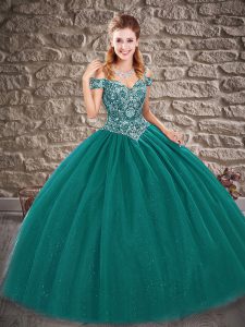 Peacock Green Tulle Lace Up Off The Shoulder Sleeveless Floor Length Quince Ball Gowns Beading