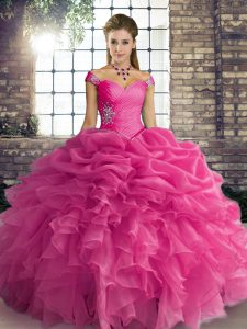 Rose Pink Ball Gowns Beading and Ruffles and Pick Ups Quinceanera Dress Lace Up Organza Sleeveless Floor Length