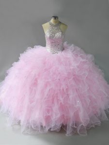 Sophisticated Pink Tulle Lace Up Halter Top Sleeveless Floor Length Quinceanera Gowns Beading and Ruffles