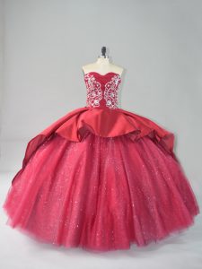 Wine Red Sleeveless Satin and Tulle Court Train Lace Up 15th Birthday Dress for Sweet 16 and Quinceanera