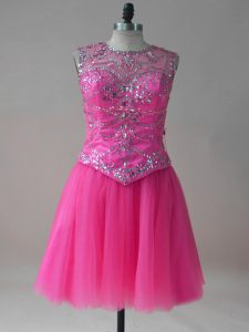 Hot Pink A-line Scoop Sleeveless Tulle Mini Length Lace Up Beading Prom Party Dress