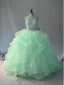 Sleeveless Organza Floor Length Backless Quince Ball Gowns in Apple Green and Pink And White with Beading and Ruffles