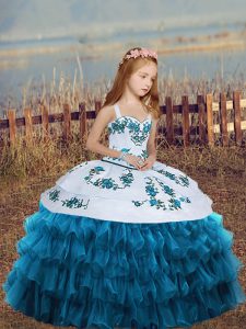 Blue Lace Up Kids Pageant Dress Embroidery and Ruffled Layers Sleeveless Floor Length