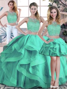 Comfortable Sleeveless Floor Length Beading and Ruffles Zipper Quinceanera Gown with Turquoise