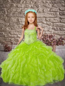 Yellow Green Lace Up Straps Beading and Ruffles Little Girl Pageant Dress Organza and Lace Sleeveless Brush Train