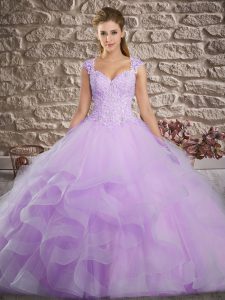 Lace Up Ball Gown Prom Dress Lavender for Military Ball and Sweet 16 and Quinceanera with Lace and Ruffles Brush Train