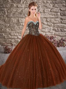 Charming Brown Sweetheart Lace Up Beading Quinceanera Dress Brush Train Sleeveless