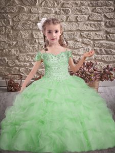 Discount Beading and Lace and Pick Ups Little Girls Pageant Dress Green Lace Up Sleeveless Brush Train