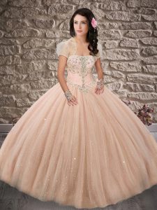 High Class Peach Tulle Lace Up Strapless Sleeveless Sweet 16 Quinceanera Dress Brush Train Beading