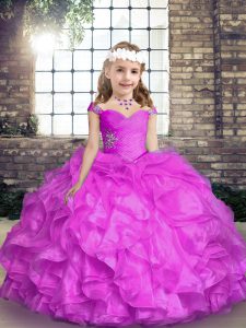 Lilac Ball Gowns Organza Straps Sleeveless Beading and Ruffles Floor Length Lace Up Kids Formal Wear