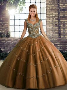 Straps Sleeveless Lace Up Sweet 16 Dresses Brown Tulle