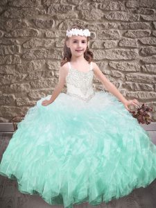 Sleeveless Beading and Ruffles Lace Up Little Girls Pageant Gowns with Apple Green Sweep Train
