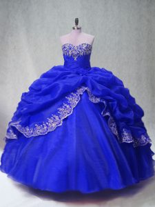 Royal Blue Ball Gowns Sweetheart Sleeveless Organza Floor Length Lace Up Beading and Appliques and Pick Ups Ball Gown Pr