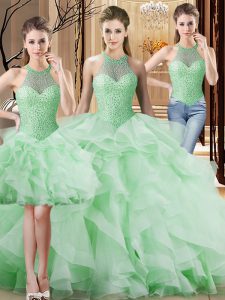 Fantastic Apple Green Sleeveless Organza Brush Train Lace Up Quinceanera Gown for Sweet 16 and Quinceanera