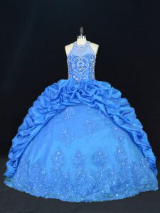 Sleeveless Taffeta Floor Length Lace Up 15 Quinceanera Dress in Blue with Beading and Appliques and Embroidery and Pick 