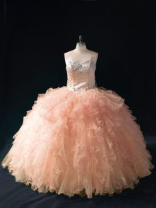 Discount Peach Quinceanera Gowns Sweet 16 and Quinceanera with Beading and Ruffles Sweetheart Sleeveless Lace Up