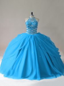 Hot Sale Baby Blue Halter Top Lace Up Beading Sweet 16 Quinceanera Dress Sleeveless