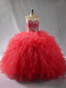 Customized Floor Length Wine Red Quinceanera Dress Tulle Sleeveless Beading and Ruffles
