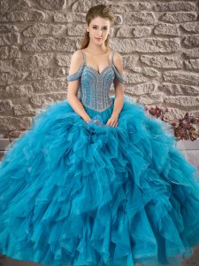 Floor Length Lace Up Sweet 16 Dress Blue for Military Ball and Sweet 16 and Quinceanera with Beading and Ruffles