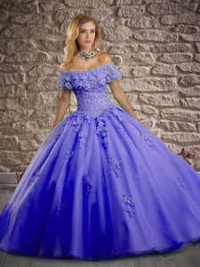 Noble Lavender Tulle Lace Up Quinceanera Dresses Short Sleeves Brush Train Lace and Appliques