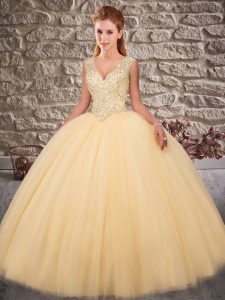 Traditional Gold Sleeveless Tulle Brush Train Zipper Sweet 16 Dress for Military Ball and Sweet 16 and Quinceanera