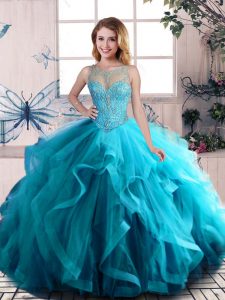 Aqua Blue Ball Gowns Scoop Sleeveless Tulle Floor Length Lace Up Beading and Ruffles Sweet 16 Quinceanera Dress