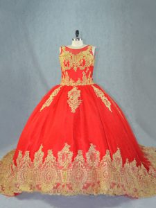 Best Selling Red Sleeveless Tulle Court Train Lace Up Quince Ball Gowns for Sweet 16 and Quinceanera