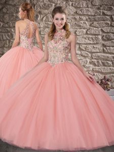 Watermelon Red Quinceanera Gowns Halter Top Sleeveless Brush Train Lace Up