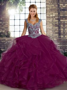Ball Gowns Sweet 16 Dress Fuchsia Straps Tulle Sleeveless Floor Length Lace Up