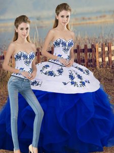 Hot Sale Royal Blue Sweetheart Lace Up Embroidery and Ruffles and Bowknot Quinceanera Gown Sleeveless