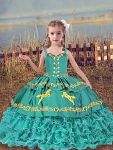 Organza Straps Sleeveless Lace Up Beading and Embroidery and Ruffled Layers Pageant Dress Womens in Teal