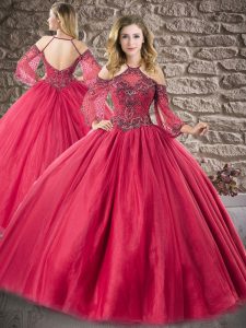 Excellent Wine Red Halter Top Neckline Beading Ball Gown Prom Dress 3 4 Length Sleeve Zipper