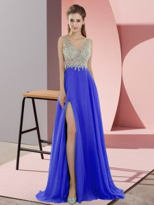 Stunning V-neck Sleeveless Dress for Prom Sweep Train Beading Blue Chiffon