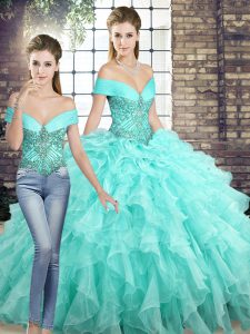 Aqua Blue Quinceanera Gown Military Ball and Sweet 16 and Quinceanera with Beading and Ruffles Off The Shoulder Sleevele