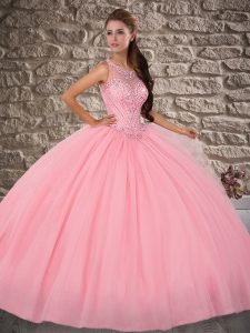 Backless Ball Gown Prom Dress Watermelon Red for Military Ball and Sweet 16 and Quinceanera with Beading Brush Train