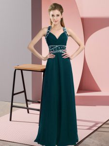 Peacock Green Chiffon Backless Straps Sleeveless Floor Length Homecoming Dress Beading