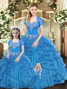 Sleeveless Tulle Floor Length Lace Up Ball Gown Prom Dress in Blue with Beading and Ruffles