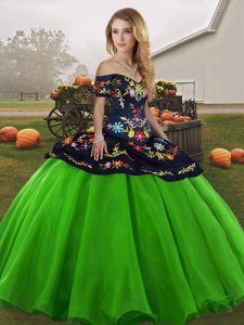 Unique Green Ball Gowns Tulle Off The Shoulder Sleeveless Embroidery Floor Length Lace Up Vestidos de Quinceanera