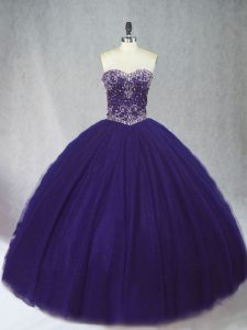 Admirable Purple Tulle Lace Up Sweet 16 Dress Sleeveless Floor Length Beading