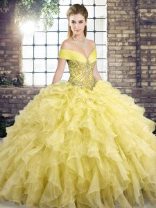 Yellow Organza Lace Up 15 Quinceanera Dress Sleeveless Brush Train Beading and Ruffles