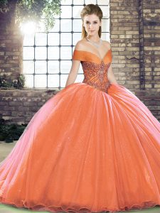 Fine Orange Red Off The Shoulder Neckline Beading Quinceanera Gowns Sleeveless Lace Up