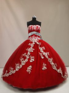 Red Tulle Lace Up Strapless Sleeveless Floor Length Sweet 16 Dress Appliques