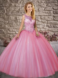 Rose Pink Quince Ball Gowns Scoop Sleeveless Brush Train Backless