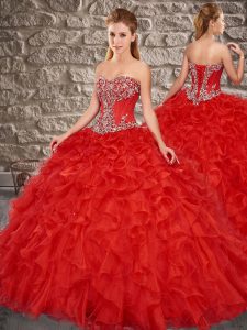 Sweet Red Ball Gowns Beading and Ruffles Quince Ball Gowns Lace Up Organza Sleeveless