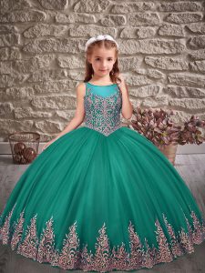 Appliques Little Girls Pageant Gowns Turquoise Lace Up Sleeveless Floor Length